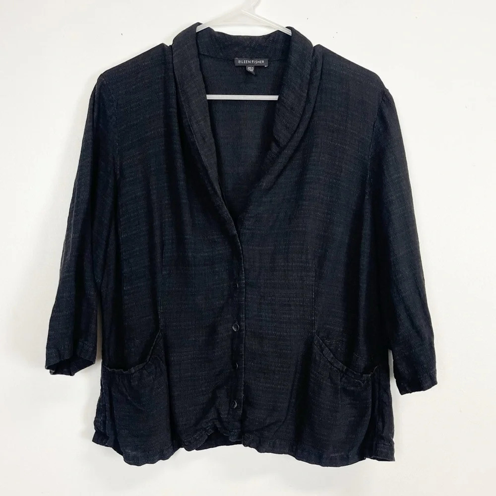 Eileen Fisher Jacket Womens Size Large Black Button Front Linen Button Front